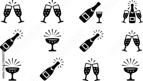 Champagne toast icon set, celebration glass bottle vector, sparkling wine drink party symbol collection.