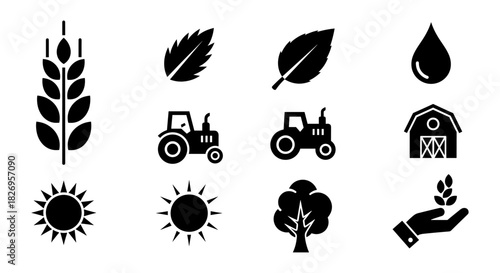 Silhouette farm and nature icons: tractor, barn, leaf, and sun symbols