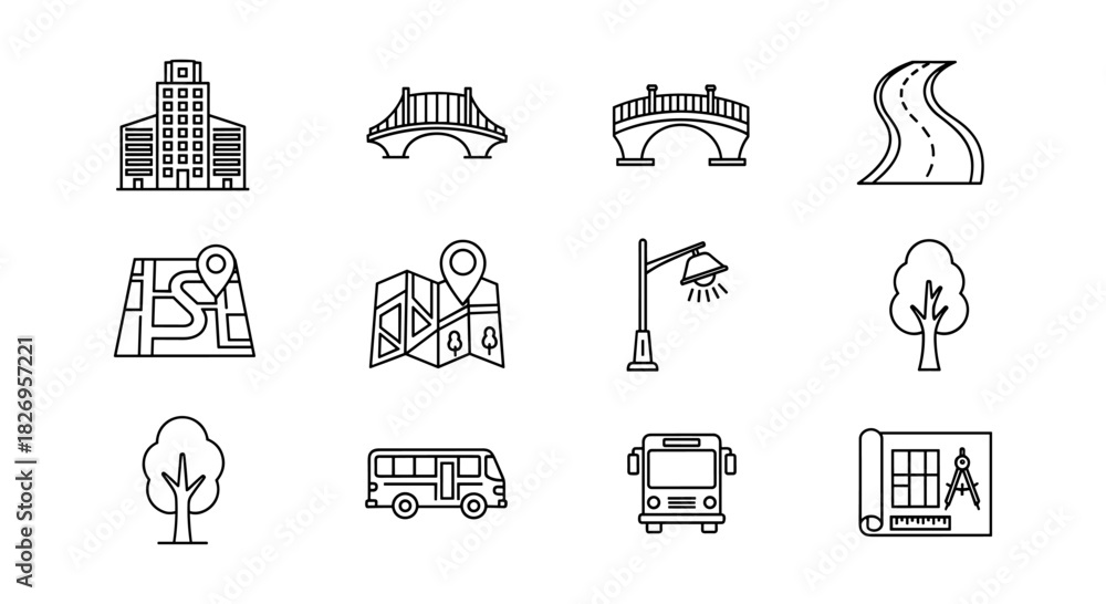 Naklejka premium Linear city elements set: buildings, bridges, roads, and transportation icons