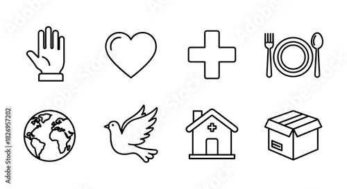 Essential charity icons: hand, heart, dove, and more in minimalist style