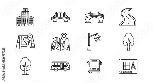 Linear city elements set: buildings, bridges, roads, and transportation icons