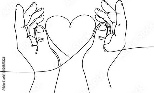 Continuous line drawing of two hands and heart, minimalist vector illustration for love, romance and care concept.
