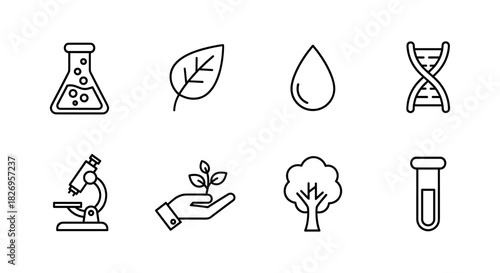 Simple science and nature icons: laboratory, dna, microscope, ecology symbols