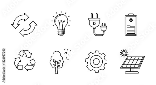 Eco-friendly energy icons set in linear style for sustainable solutions