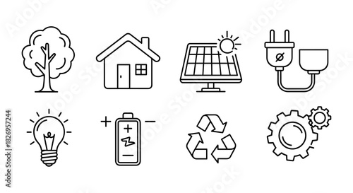 Eco-friendly icons: sustainable energy and recycling symbols in linear style