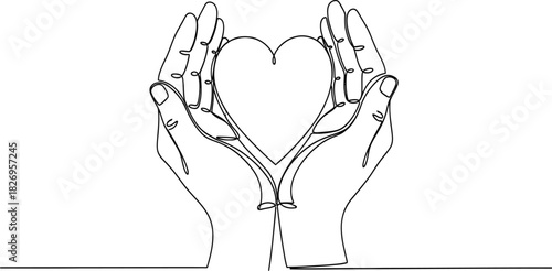 Continuous line drawing of two hands holding a heart, minimalist vector illustration representing love, care, charity, and protection concept.