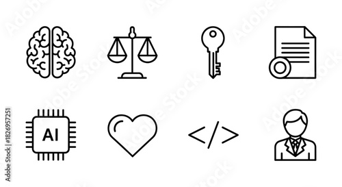 Minimalist line icons for technology, law, security, and communication