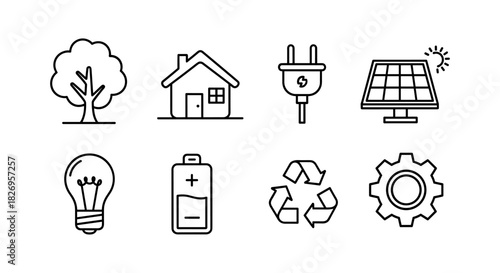 Eco-friendly icons set featuring renewable energy and sustainability symbols