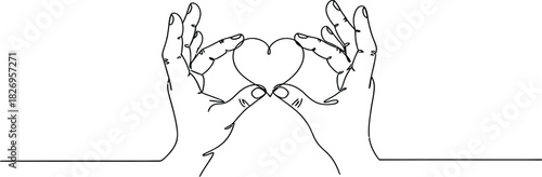 Continuous line drawing of two hands holding small heart, minimalist vector illustration, love and care concept sketch.