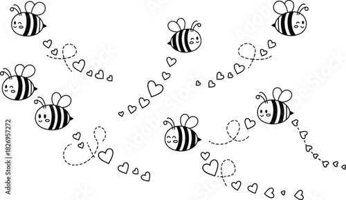 Cute flying bee with heart trail, kawaii insect character, happy bumblebee love mascot, sweet valentine line art.