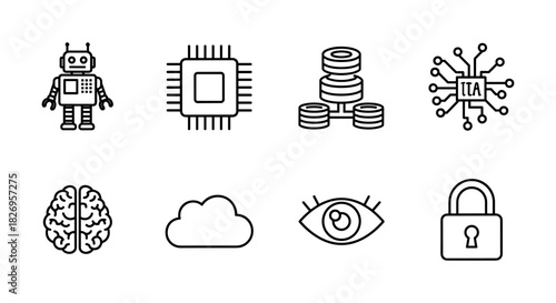 Technology icons: robot, microchip, blockchain, ai, cloud, security in linear style
