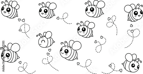 Cute bee flying vector set, kawaii honey insect cartoon character, happy bumblebee line art, funny animal mascot collection.