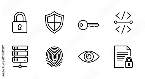 Minimalist cybersecurity icons: lock, shield, key, and more in linear style