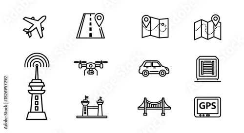 Simple transportation and navigation icons for travel and mapping