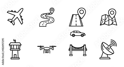 Transport and navigation icons in linear style for travel