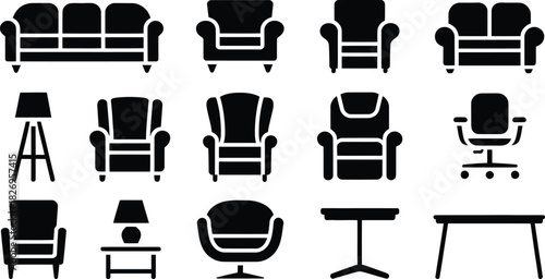Furniture icon set, black silhouettes of sofas, chairs, tables, and lamps, vector interior design elements.