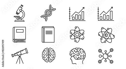 Science icons: microscopes, dna, charts, books, atom, telescopes, brain, neurology