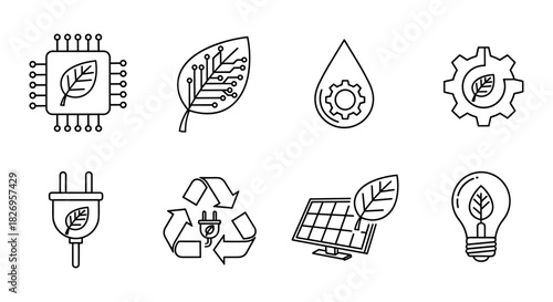Eco-friendly technology icons: sustainable energy and green solutions in linear style