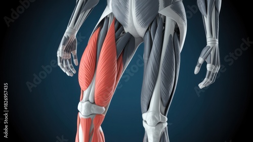 Detailed anatomical illustration of the quadriceps muscles highlighted in red, showcasing the human leg's skeletal and muscular structure.