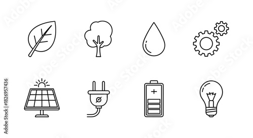 Eco-friendly icons: renewable energy and sustainability outline set