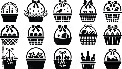 Gift basket icon set, hamper box silhouette collection, present fruit flower container, holiday surprise package.