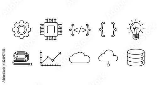 Collection of linear icons: technology, programming, and data analysis
