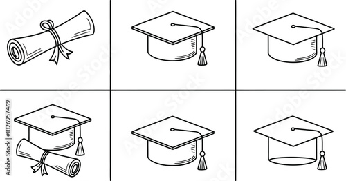 Graduation cap diploma vector set, university education mortarboard line art, college degree scroll certificate icon.