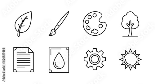 Minimalistic eco-friendly icons: nature, art, and essential tools in linear design