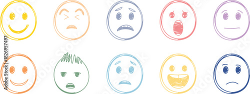 Hand drawn colorful smiley face set, scribble emoticon mood icon, happy sad emotion expression sketch collection.