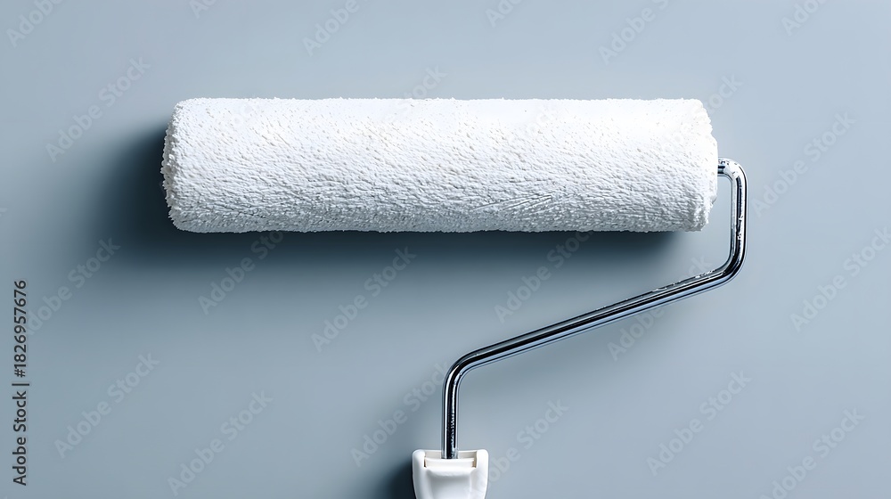 Obraz premium Clean white paint roller rests against a smooth muted blue surface
