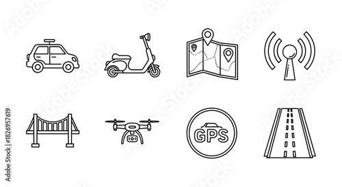 Urban transportation icons featuring vehicles, navigation, and communication
