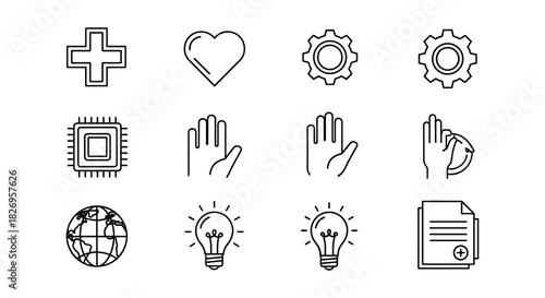 Minimalist line icons: healthcare, technology, and education essentials