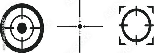 Set of three black crosshair and target icons, vector sniper scope symbols for gaming, military, and UI design.