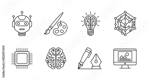 Creative and tech icons: line art set featuring ai, art, and innovation