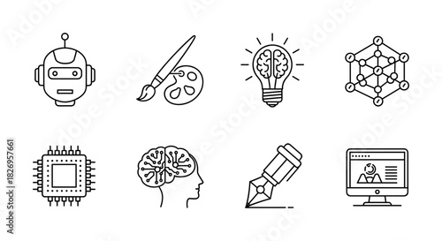 Linear icons of technology and creativity: ai, art, brain, innovation