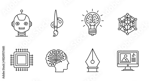 Innovative technology icons: ai, creativity, and digital design in linear style