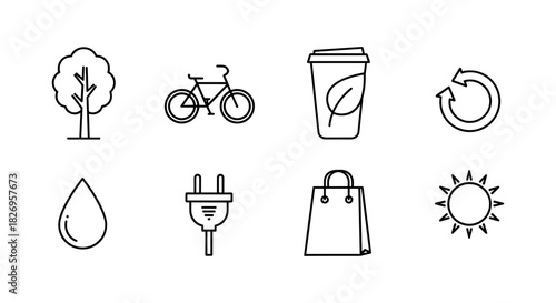 Eco-friendly line icons: tree, bicycle, recycle, and more