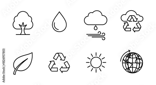 Minimalist environmental icons: tree, water, wind, recycling, sun, earth