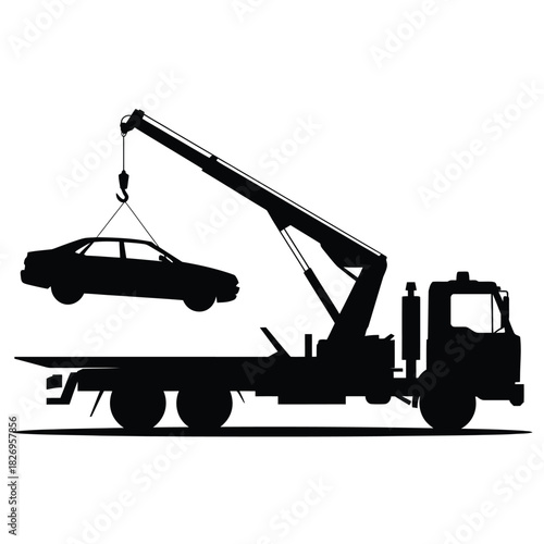 Silhouette of a tow truck lifting a car against a white background