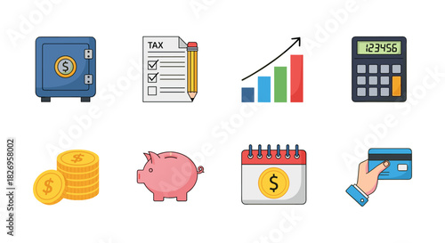 Finance and business icons set featuring calculator, safe, graph, and more