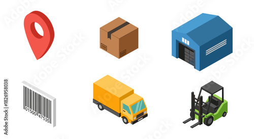 Isometric icons of logistic elements: warehouse, truck, forklift, and barcode