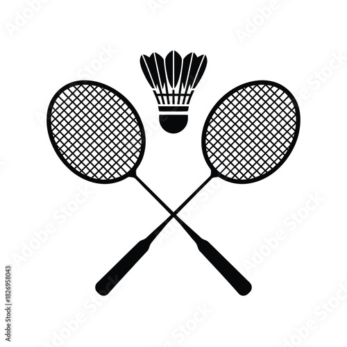 Black and white illustration of badminton rackets and shuttlecock