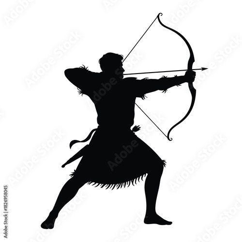 Silhouette of a warrior archer drawing a bow and arrow