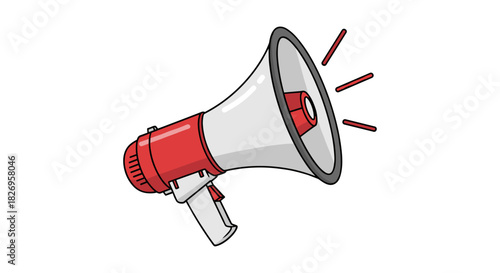 Red and white megaphone with sound waves isolated on white background