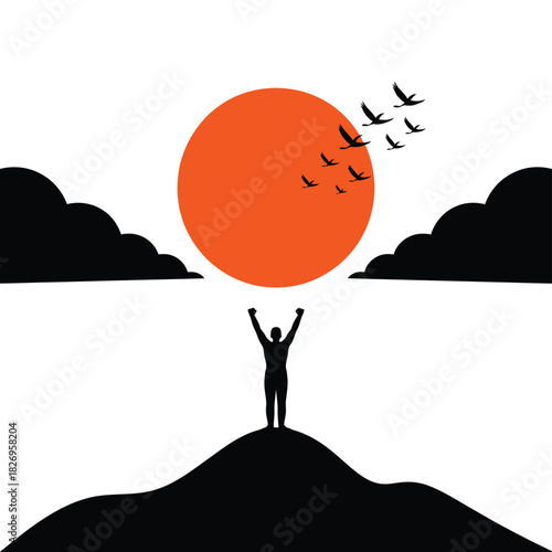 Silhouette of person holding up a bright orange sun above a hill