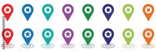 Collection of colorful location pins with various icons on white background.