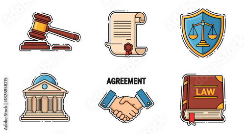 Legal icons set including gavel, contract, shield, courthouse, handshake, and law book