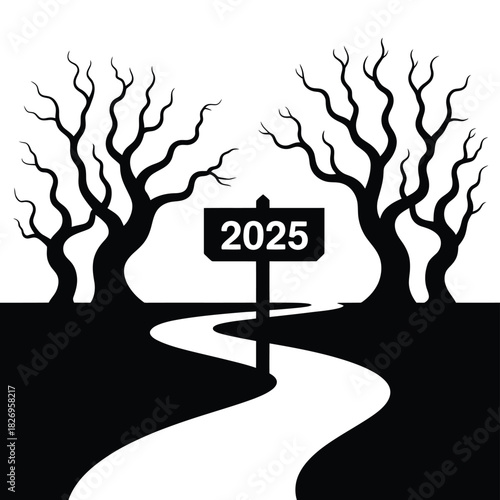 Winding path leads to signpost with the year 2025