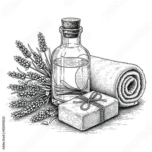 Vintage monochrome ink sketch of a spa still life with glass bottle, soap, lavender, and towel conveying natural elegance and tranquility