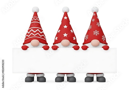 Three Cute Christmas Gnomes Holding Blank Banner Sign